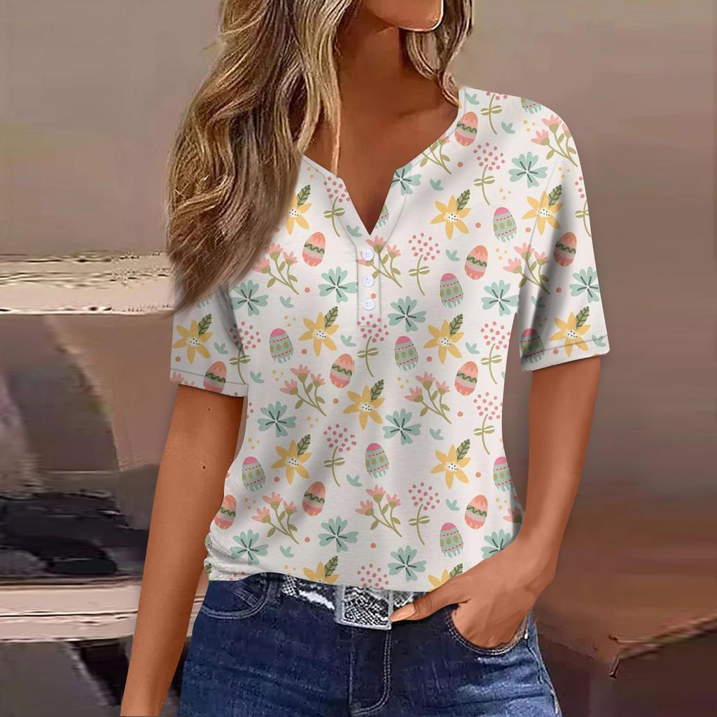 Women's Fashion Casual Easter Printed V-Neck Short Sleeve Decorative Button T-Shirt Top