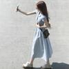 Blue High-end Long Skirt Women's Summer Short-sleeved Slim-fitting Waist and Thin, Unique and Beautiful Seaside Polo Dress
