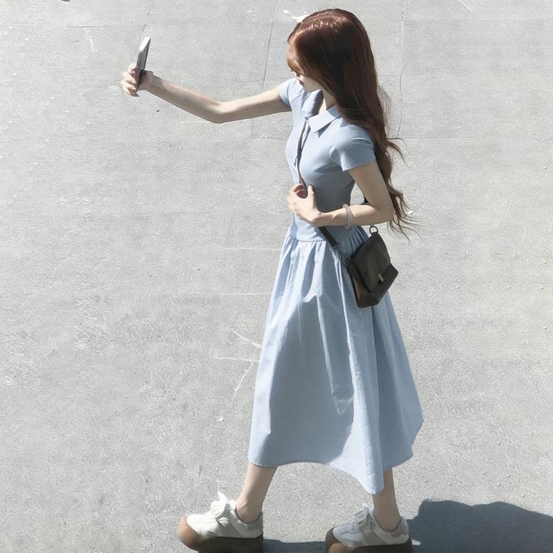 Blue High-end Long Skirt Women's Summer Short-sleeved Slim-fitting Waist and Thin, Unique and Beautiful Seaside Polo Dress