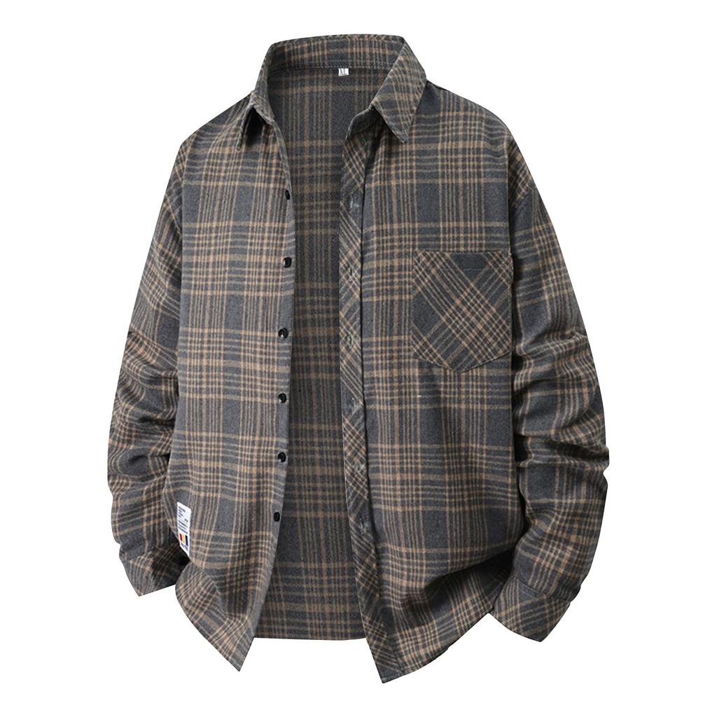 Men's Spring Plaid Youth Fashion Loose Stand Collar Long Sleeve Shirt