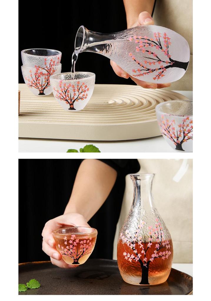 Cherry Blossom & Plum Glass Sake Set: Hand-Painted Pot & Cups