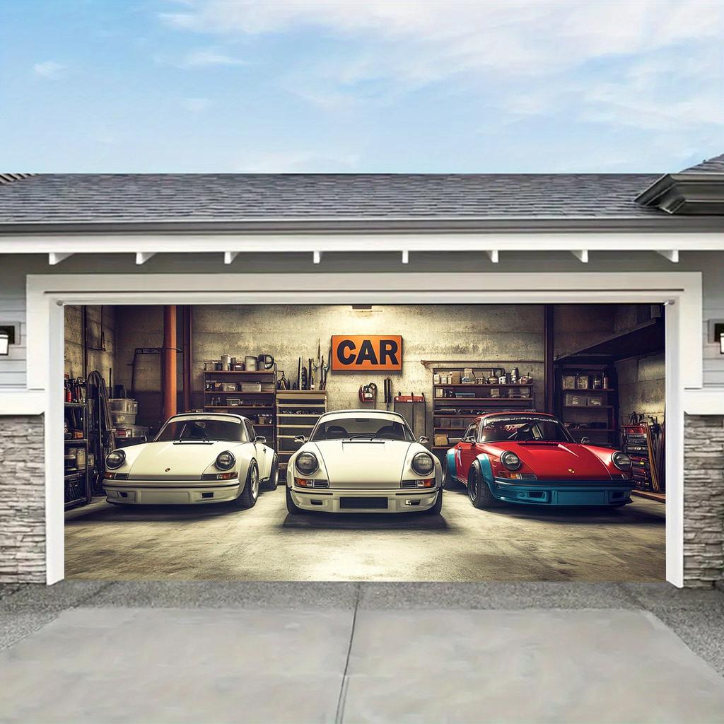1 piece, 2D/ flat classic garage banner, retro garage style classic sports car pattern metal tool background decoration banner