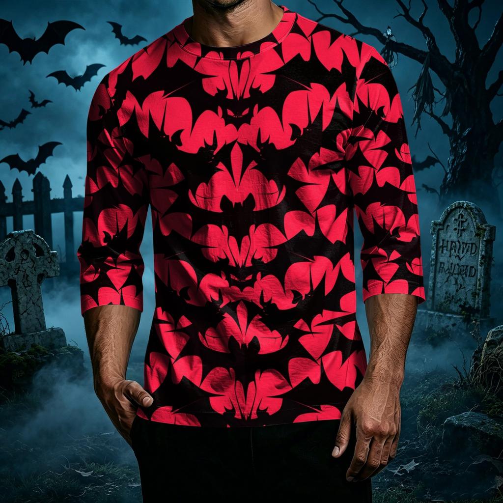 Men's Casual Halloween Print Crew Neck T-Shirt Three Quarter Sleeve Relaxed Fit Lightweight Cotton Blend Top for Everyday Wear