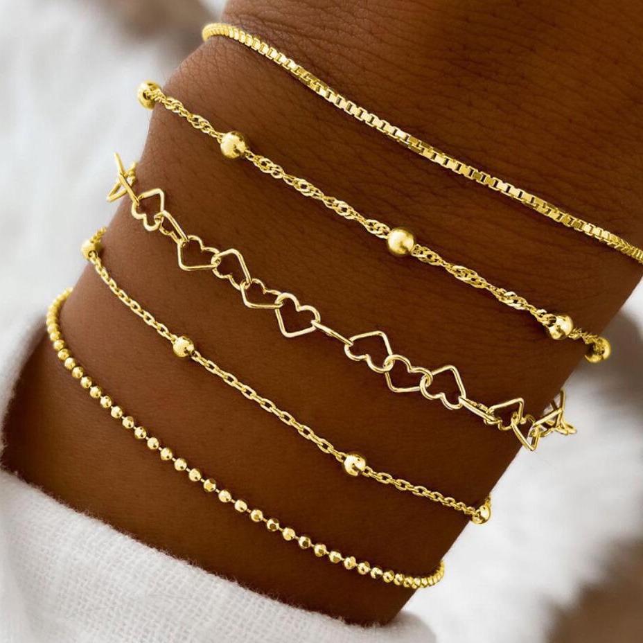 

New 5Pcs/Set Gold Color Elegant Love Bangle Retro Multilayer Bracelets Set For Women Female Fashion 2026 Trendy Jewelry Gift