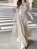 Elegant Square Neck A-Line Dress - Women's Early Spring 2026 Arrival, Long Sleeve, Waist-Cinched Fake Two-Piece Design.