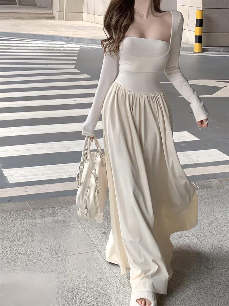 Elegant Square Neck A-Line Dress - Women's Early Spring 2026 Arrival, Long Sleeve, Waist-Cinched Fake Two-Piece Design.