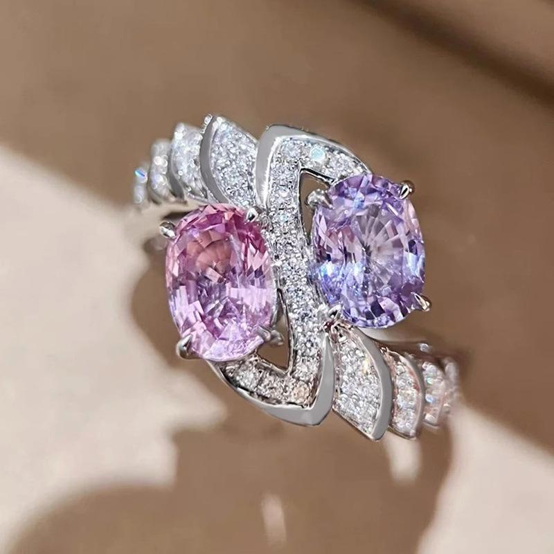 2026 New European and American Irregular Design Ring, Female Niche Design, Luxurious Ins Style Oval Purple Pink Zircon Zircon 6