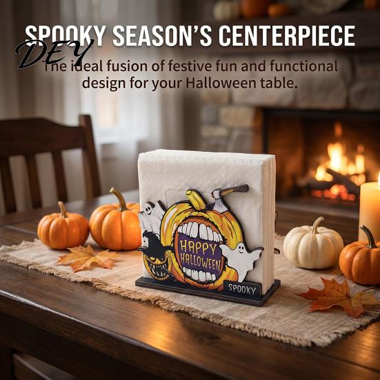 Wooden Paper Towel Dispenser Halloween Napkin Holder, Ghost Pumpkin Decorative Tabletop Tissue Dispenser, Spooky Party Accessories Storage Organizer