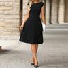 Women Summer Crew Neck Solid Color Cap Sleeve Black One Piece Dress