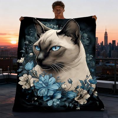 1pc Cat Floral Print Outdoor Soft Polyester Flannel Throw Blanket Versatile for All Seasons , Soft , Cozy , Warm All Season Quilted Throw ,