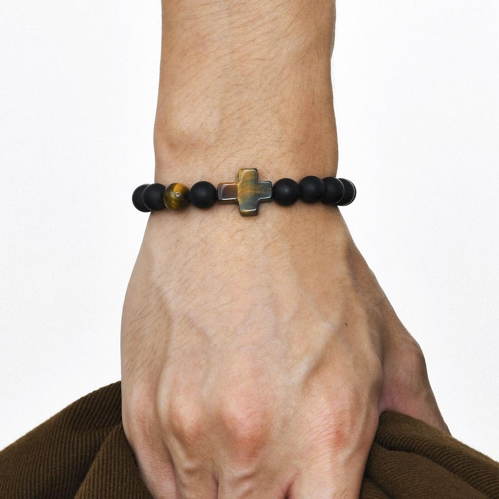 Kreuzarmbänder für Männer Jungen, 8MM Schwarze Natürliche Steine Perlen Religiöses Gebetsarmband Länge Verstellbar,pulseira masculina