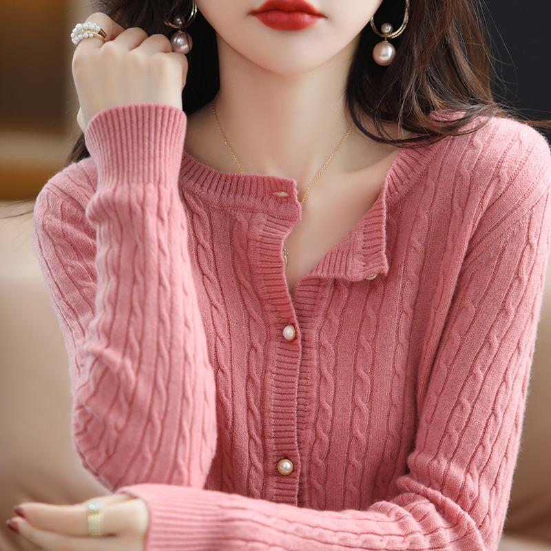 Spring and Autumn Cardigan Women's Crew Neck Twist Knitted Loose Versatile Solid Color Breasted Sweater Jacket