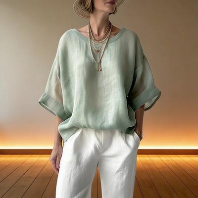 Women Tops Round Neck Half Sleeve Loose Fit Pullover Tops Pure Color Soft Fabric Casual Blouse Daily Wear