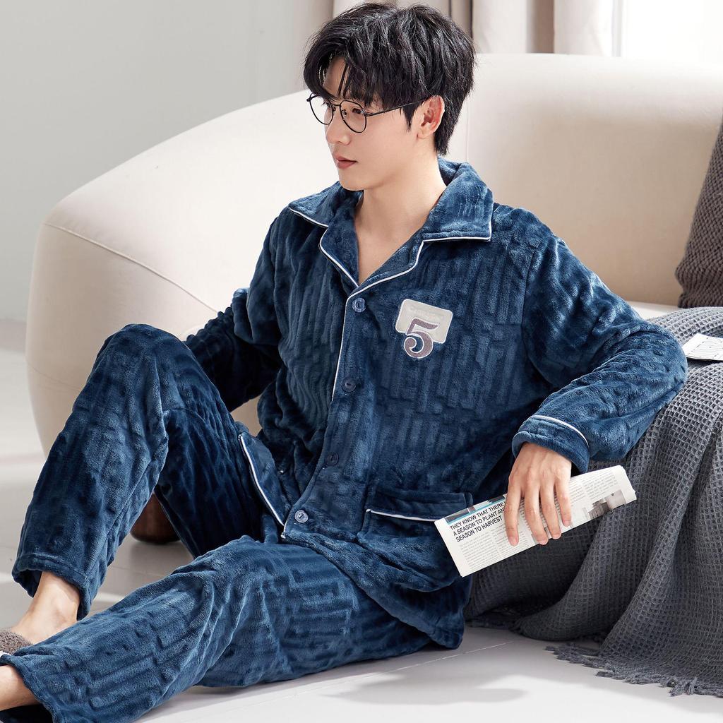 Men's Autumn/Winter Flannel Lapel Pajamas - New Arrival, Plus Velvet, Thickened Coral Fleece Homewear