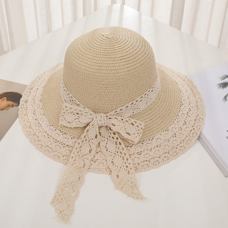 New Women's Summer UV Protection Sweet Ribbon Seaside Vacation Sunshade Bucket Hat Bow Large Brim Straw Hat