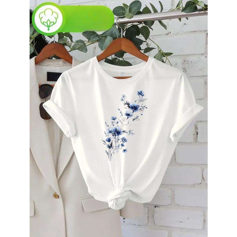 Plus Size Womens 100% High Quality Plum Blossom Print Tee Round Neck Short Sleeve Soft Comfortable Summer Home Casual Top S