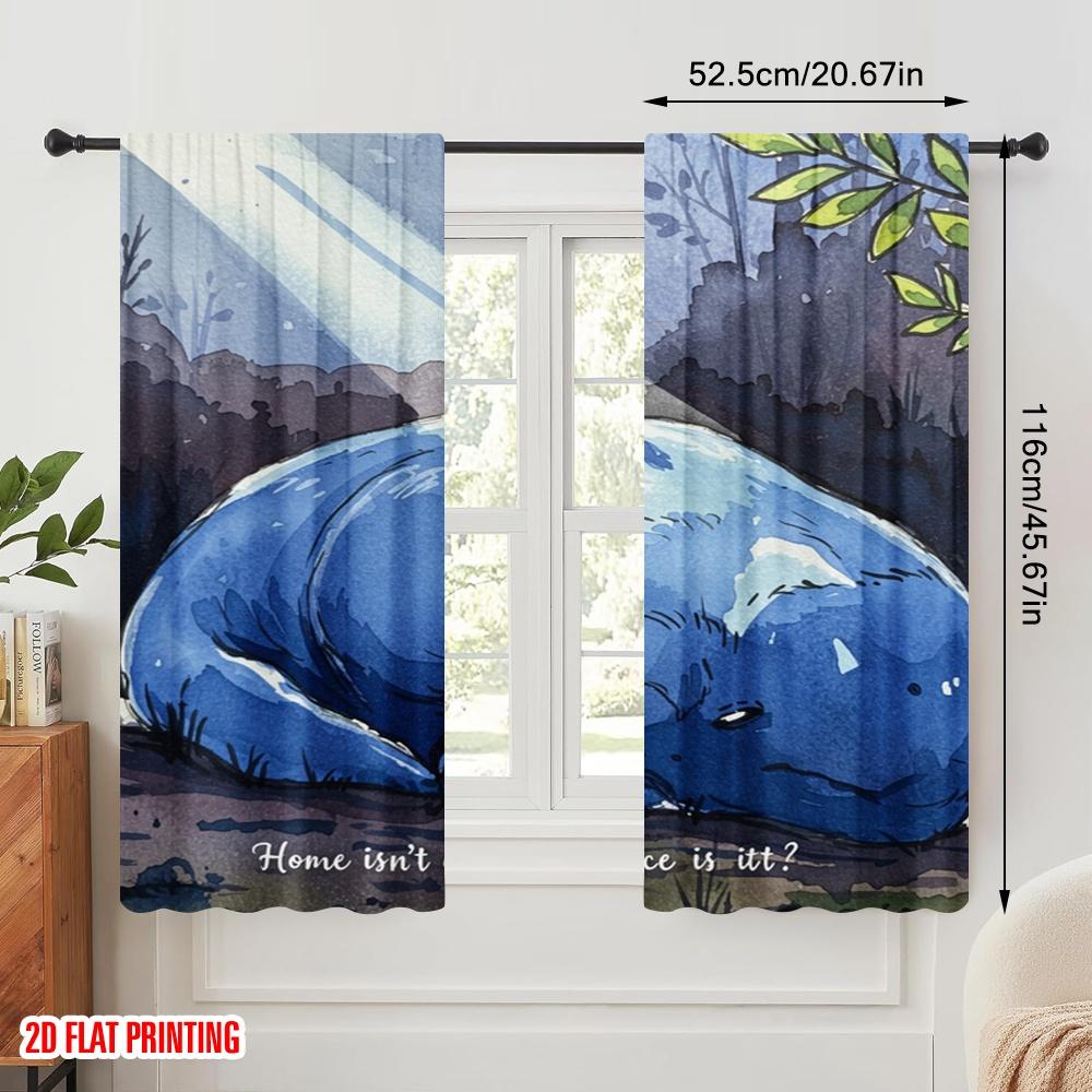 2pcs 2D flat printing Scene Curtains Dreamy Blue Horse Comforting Person Polyester Without Electricity Festive Curtains Perfect