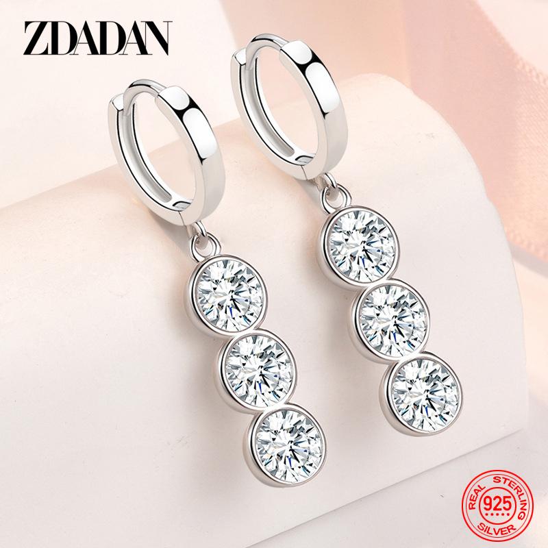 

925 Sterling Silver 8mm Three Round Zircon Long Dangle Earrings for Women Fashion Jewelry