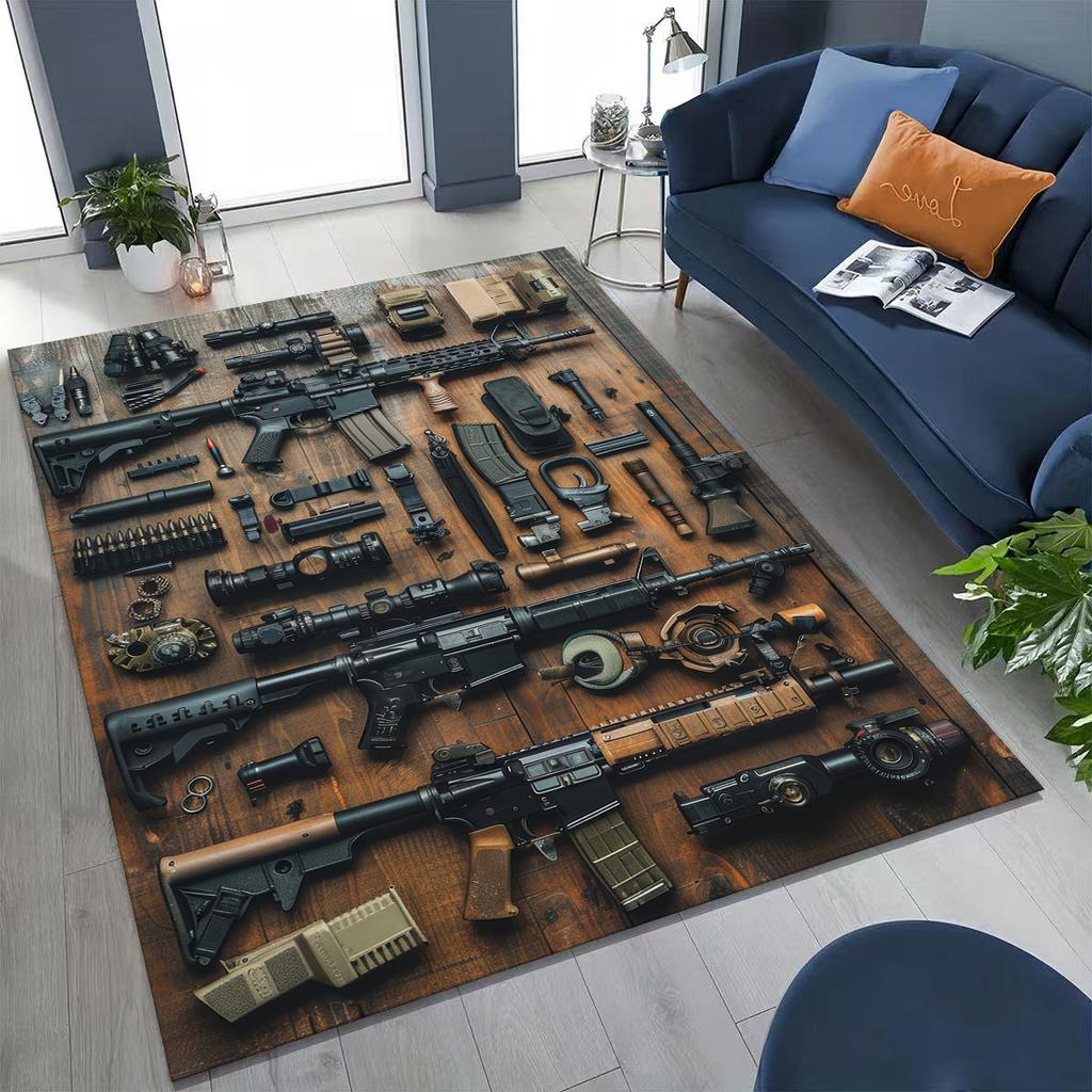 Holz Metall Waffenkoffer Boxx Militärausrüstung Moto Teppich für Schlafzimmer Wohnzimmer Sofa Zuhause Fußmatte Dekor, Kinder Spiel Rutschfeste Bodenmatte
