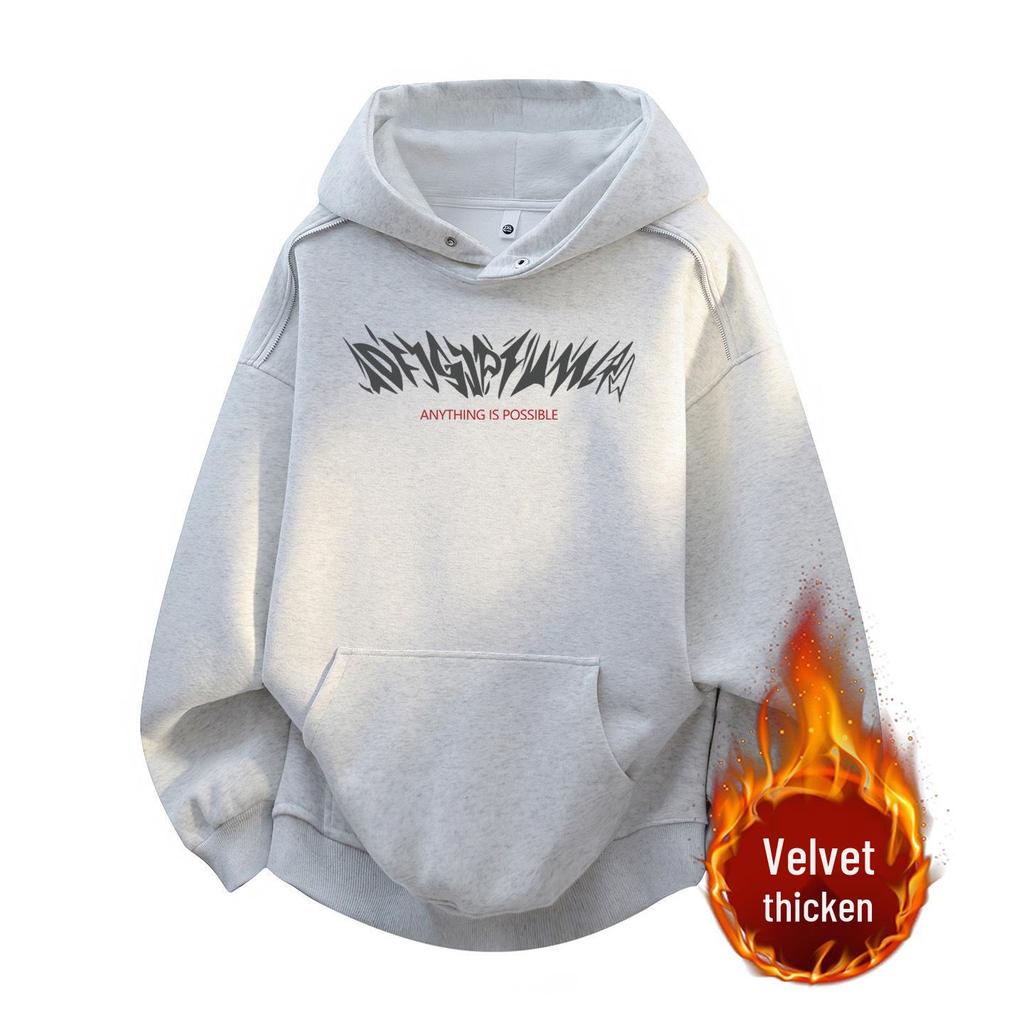 Men's Trendy American-Style Fleece-Lined Winter Hoodie – Thick, Warm, Printed, Loose Fit Jacket
