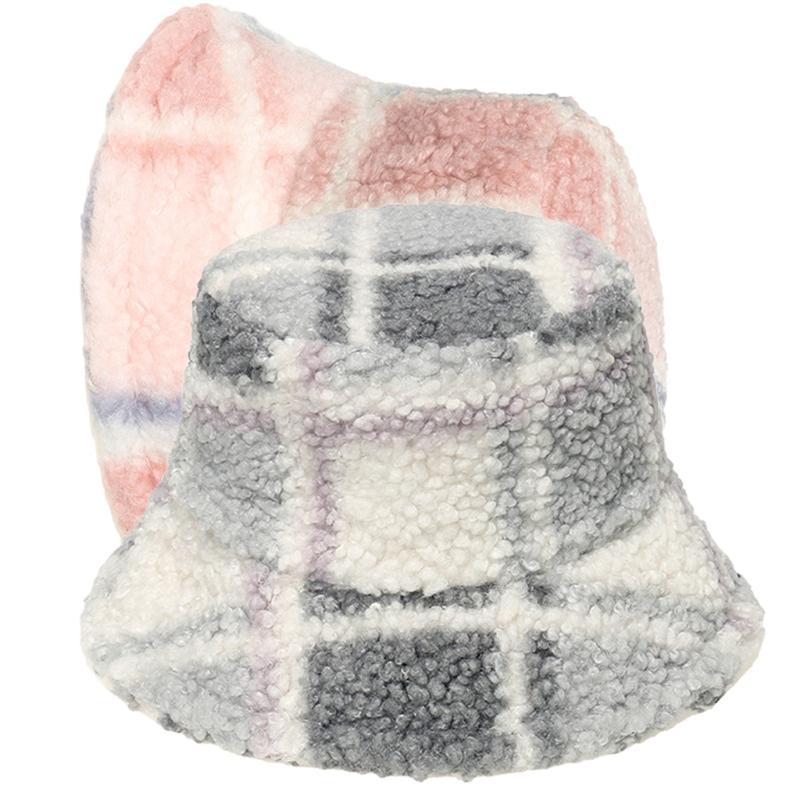 Color Patch Lattice Plush Basin Hat Small for Fresh Grid Fisherman Hat Plush Outdoor Trend Casual Autumn Winter All-matc