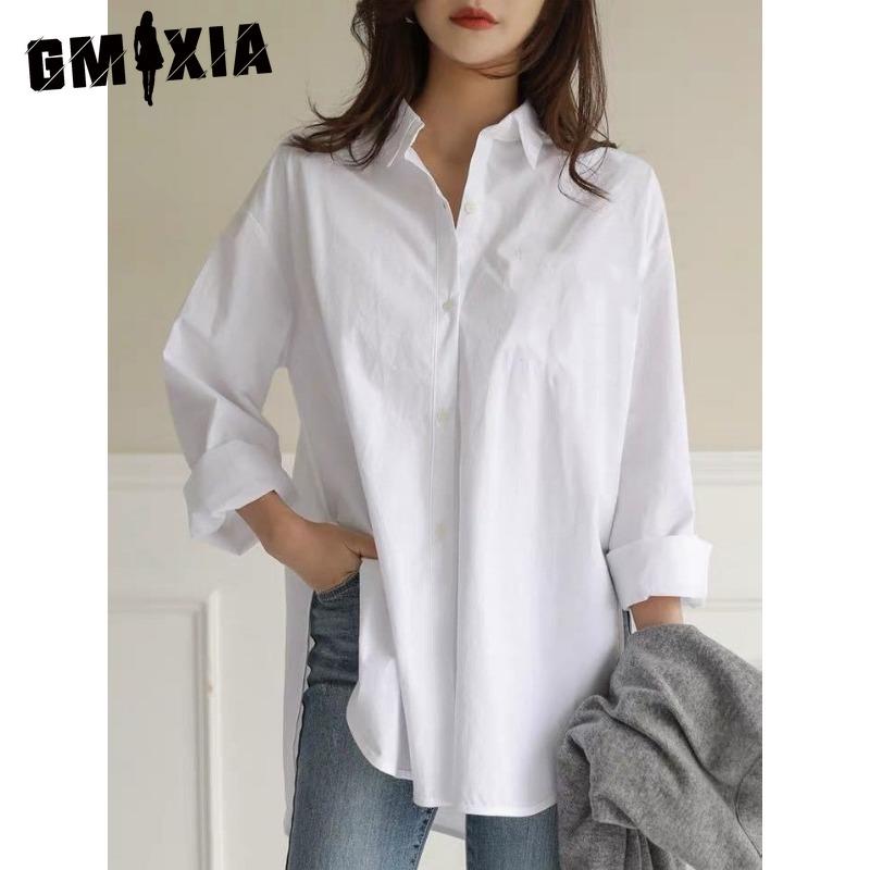 GMXIA Camicette e camicie con collo a polo, maniche lunghe, stampa casual, alla moda, in tinta unita
