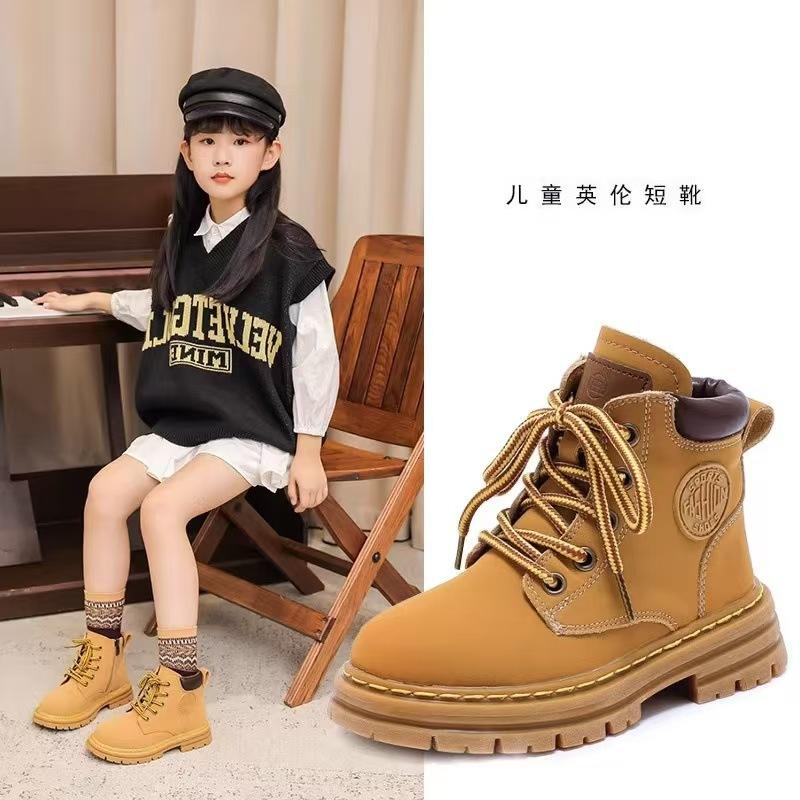Children's autumn and winter short boots 2025 new girls leather boots boys single boots rhubarb boots British style velvet Martin boots