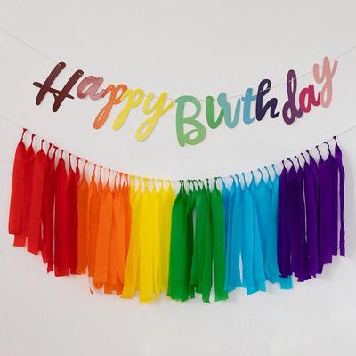 Ins Style Rainbow First Birthday Backdrop with Crepe Paper Tassel Decorations and Photo Props