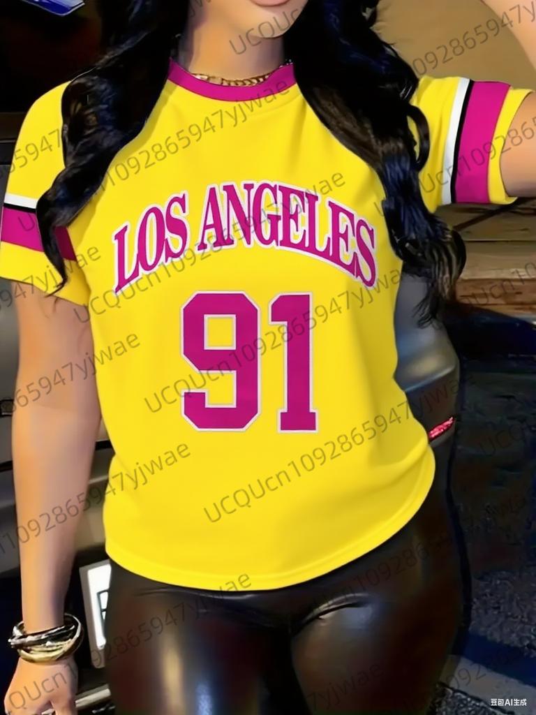 Mode Lässig Damen Sporttrikot Los Angeles Nr. 91 Aufdruck Kurzarm T-Shirt Sommer Grafik-T-Shirt Große Größen Sport-T-Shirt