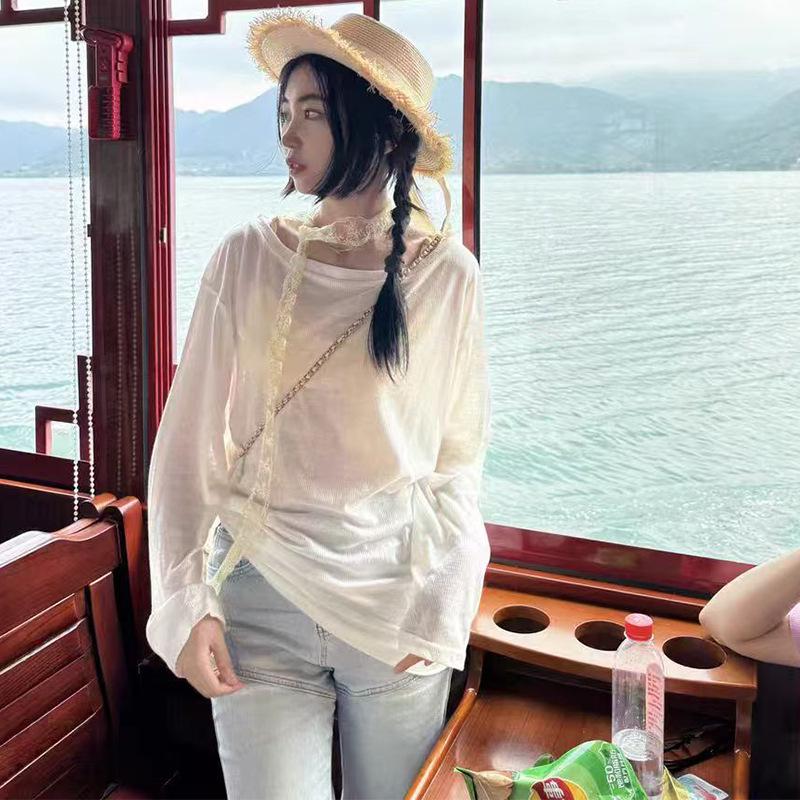 White Long Sleeve Beach Cover-Up Bikini Pullover, One Size, Sun Protection Shirt