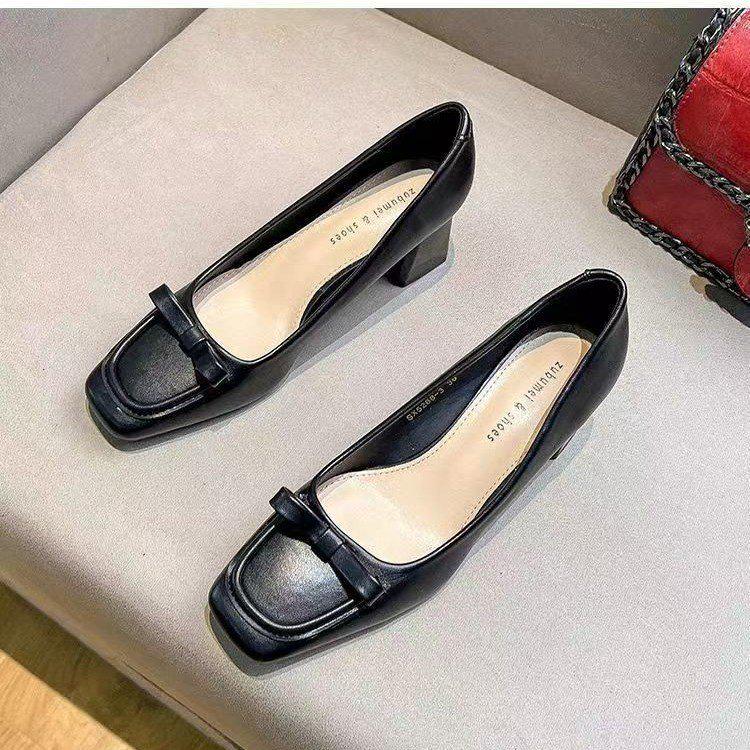 

2025 Spring French Apricot Chunky Heel Square Toe Low-Cut Soft Leather Mid-Heel Professional Shoes for Women 35 абрикосовий