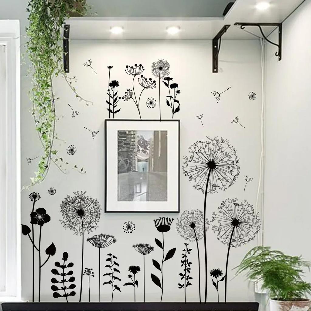 Wall Sticker Decorative Vinyl Adhesive Wall Sticker Wall Flowers Dandelion for Window Room Bedroom Black Home Decoration