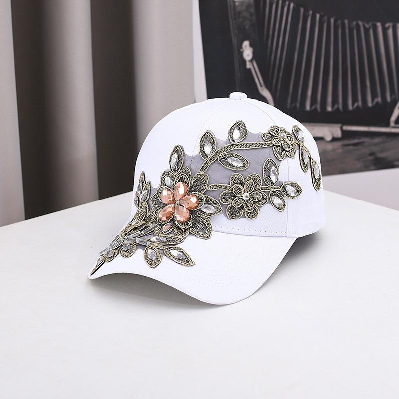 Elegante Damen-Baseballkappe mit Strasssteinen, floral bestickt, mit Kristallblumen-Spitzen-Patchwork, verstellbar, lässiger Sonnenhut für Party Dai Adjustable&>8Y gray