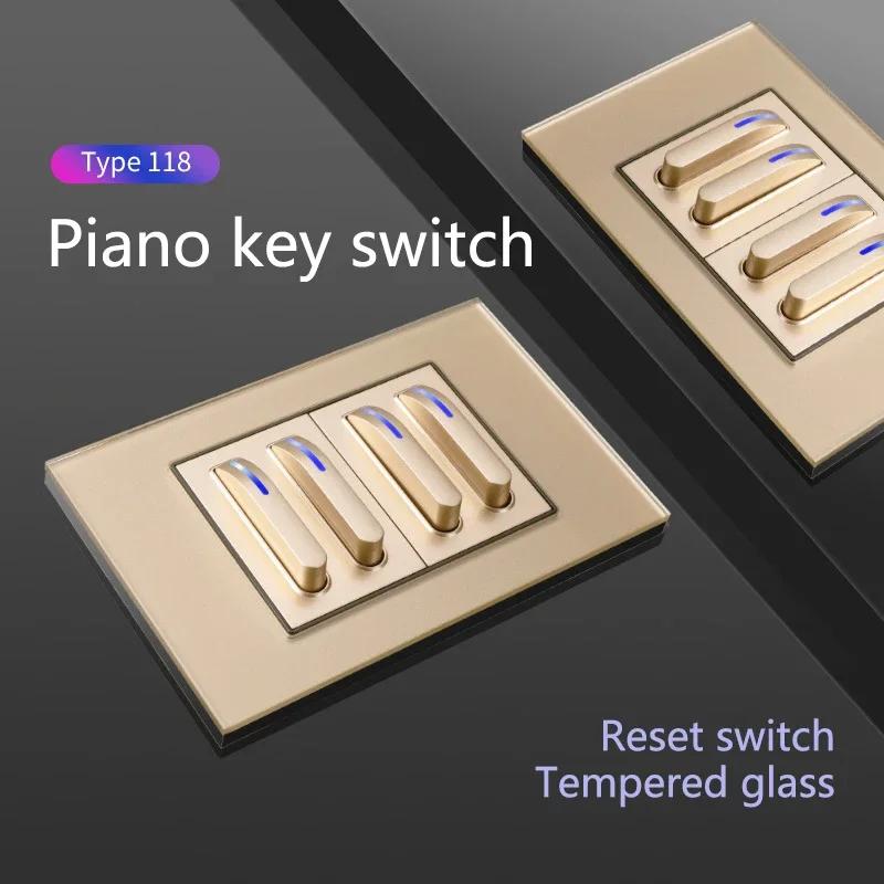 118 Type Gold Piano Key Tempered Glass Reset Switch Fashionable Switch Socket Universal Socket Home Hotel Office Decoration