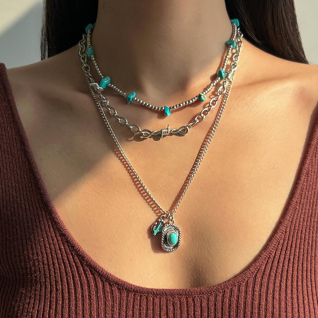 Layered Western Necklaces for Women Turquoise Beaded Western Jewelry Ox-head Cactus Country Concert Cowgirl Dresses Accessories