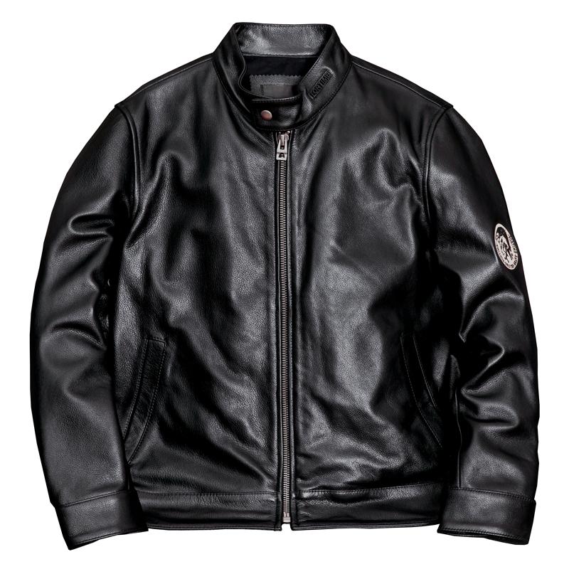 Genuine Cowhide Leather Jacket for Men Fashion Stand Collar Short Casual Biker Coat