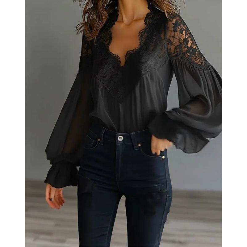 Women Lace Spliced Blouse V‑Neck Puff Bubble Long Sleeve Pleated Ruffle Cuff Elegant Loose Fit Ladies Casual Shirt Top