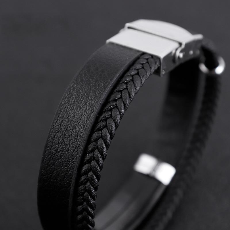 Hip Hop Punk Style Double Layer Braided Leather Bracelet Titanium Steel Chain