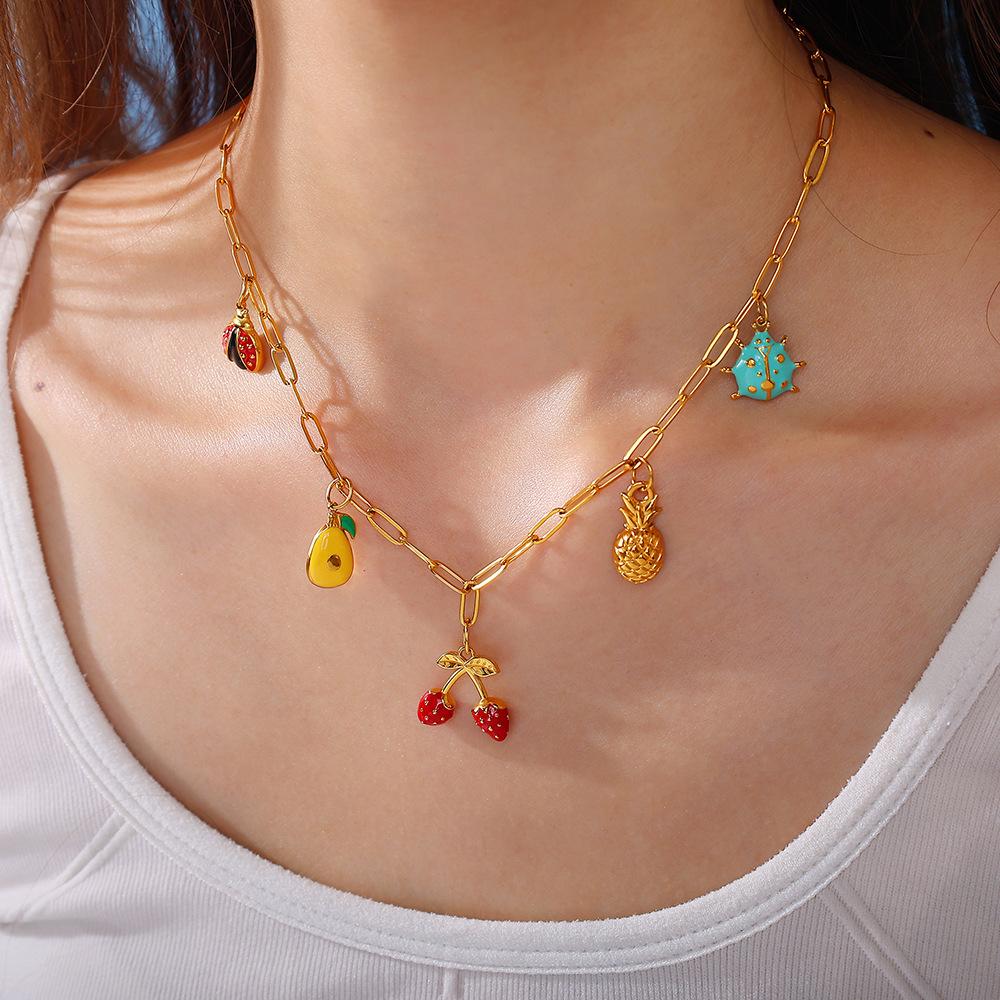 Cartoon Oil Dripping Fruit Diy Pineapple Pendant Stainless Steel Gold-Plated Dopamine Accessories