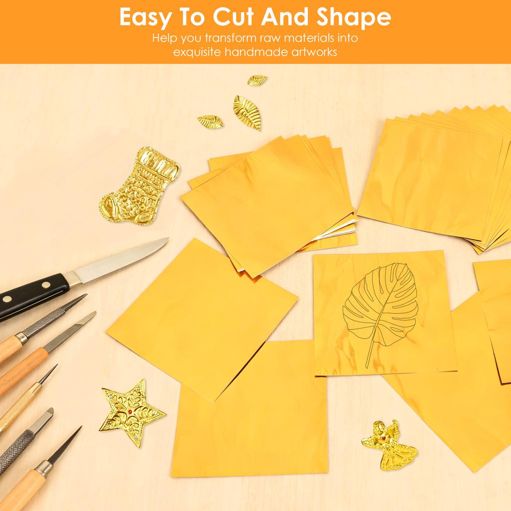 100 Pcs Gold Flashing Square Tin Foil Heavy Duty Aluminum Foil Sheet DIY Engraving Tinfoil for Painting Engraving and Embossing