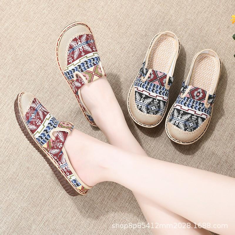 Womens Slip-On Flat Shoes With Rubber Sole Breathable Linen Upper Comfortable Non-Slip Casual Mom