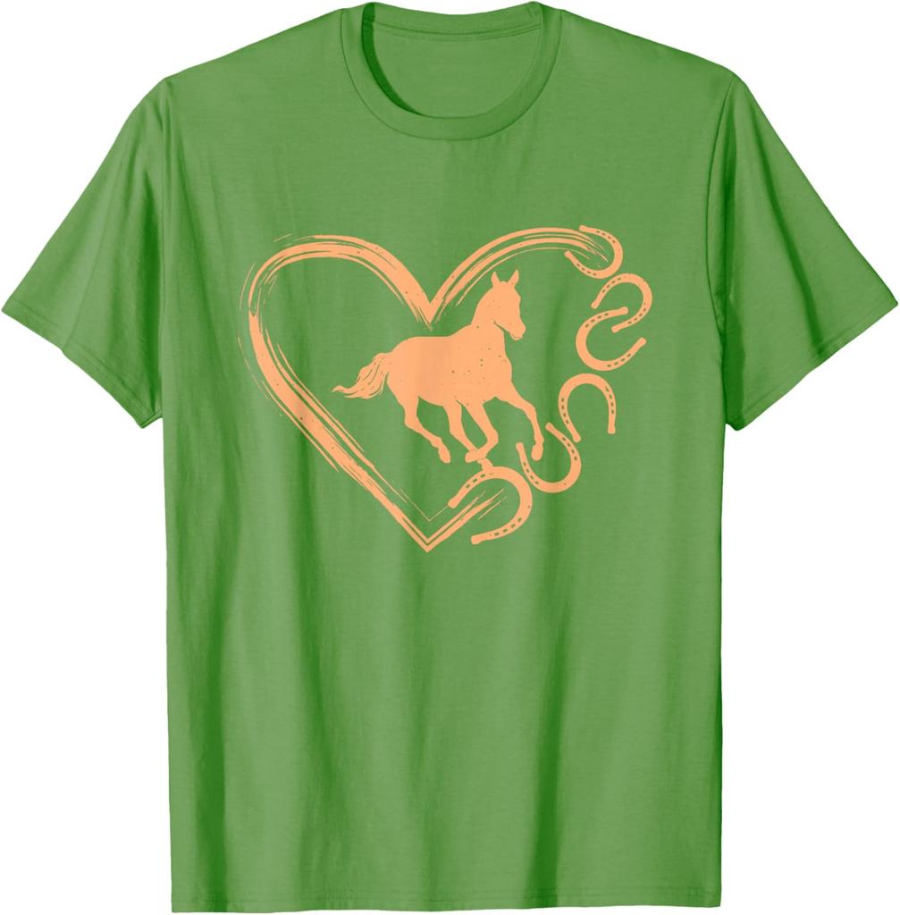 Pferdeherz Hufeisen Grafik Lässiges Baumwoll-T-Shirt Reitliebhaber Tee
