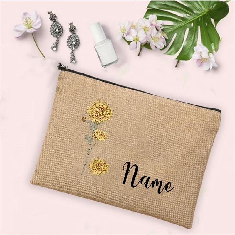 Personalized Customization Birth Month Date Flower Makeup Bag Women Travel Makeup Zipper Handbag Toilet Toiletries Wallet
