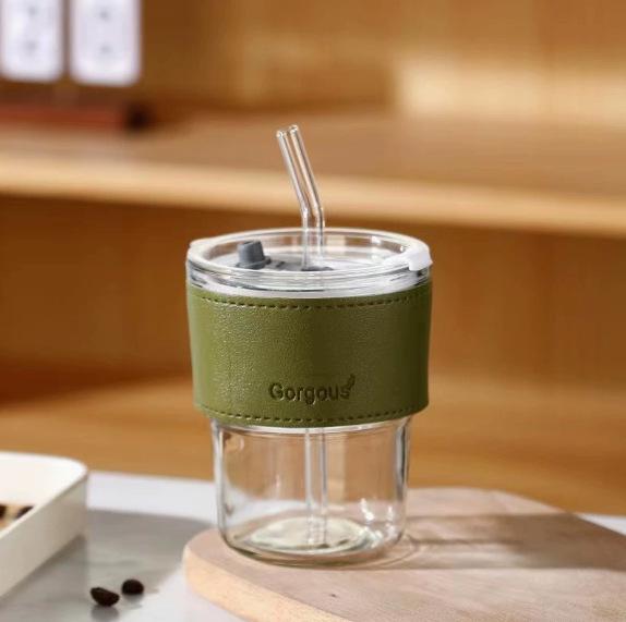 Tasse à café et à eau en verre isolant de haute qualité avec paille en bambou – Tasse de voyage portable et cadeau