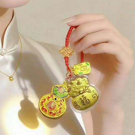 Pure 999 Gold Filigree Enamel Copper Gourd Keychain: High-End Bag Charm & Business Gift for Couples