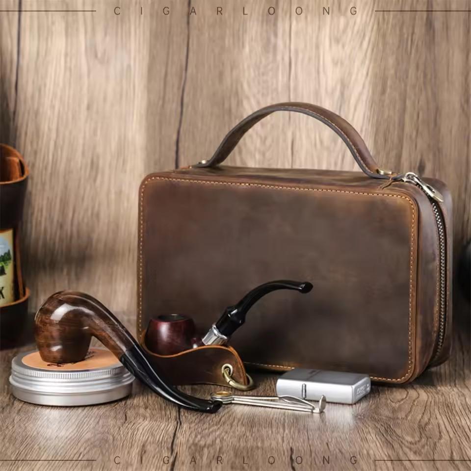 Smoke Pipe Bag Dual Storage Pipe Pocket Zip Leather Portable Travel Multi-functional Creative Luxury Smoking Accessories CP-25B1