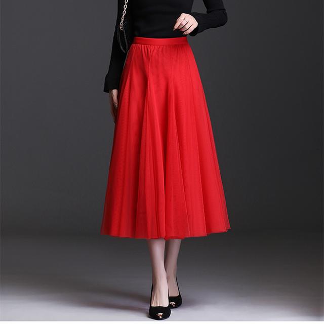 Spring Autumn Summer Holiday Beach Women Long Midi Skirt Ladies Elastic High Waist Tulle Mesh Pleated Tutu Skirt