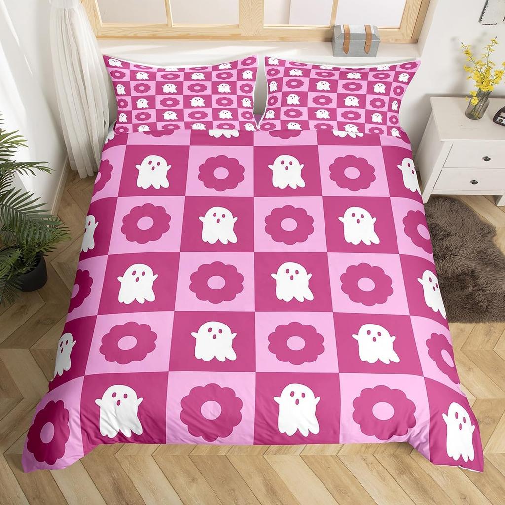Ghost Duvet Cover Queen King Size Cartoon Cute Ghost Decorative Bedding Set for Kids Girls Teens Happy Halloween 3 Piece Set