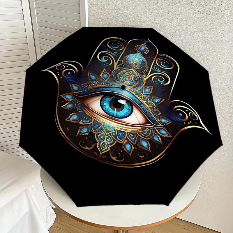 1PC Hamsa Eye Automatic Open/Close Umbrella with Windproof, 8-Rib Sturdy Canopy, Durable Ribs, Fashionable Design, Outdoor Accessory, Fun Prin, Holida