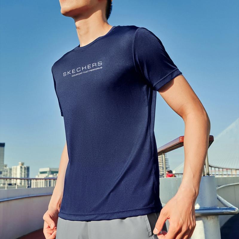 Skechers Performance Elastic Moisture-Wicking Quick-Dry Cool Short Sleeve T-Shirt Men tops Navy-Academy-Blue P225M170-02MZ